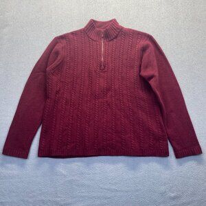 100% Lambs Wool Maroon Red Cable Knit Half Zip Turtleneck Sweater,Large Mens